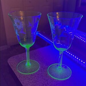 Vintage uranium vaseline glass set of two wine glasses, etched floral designs